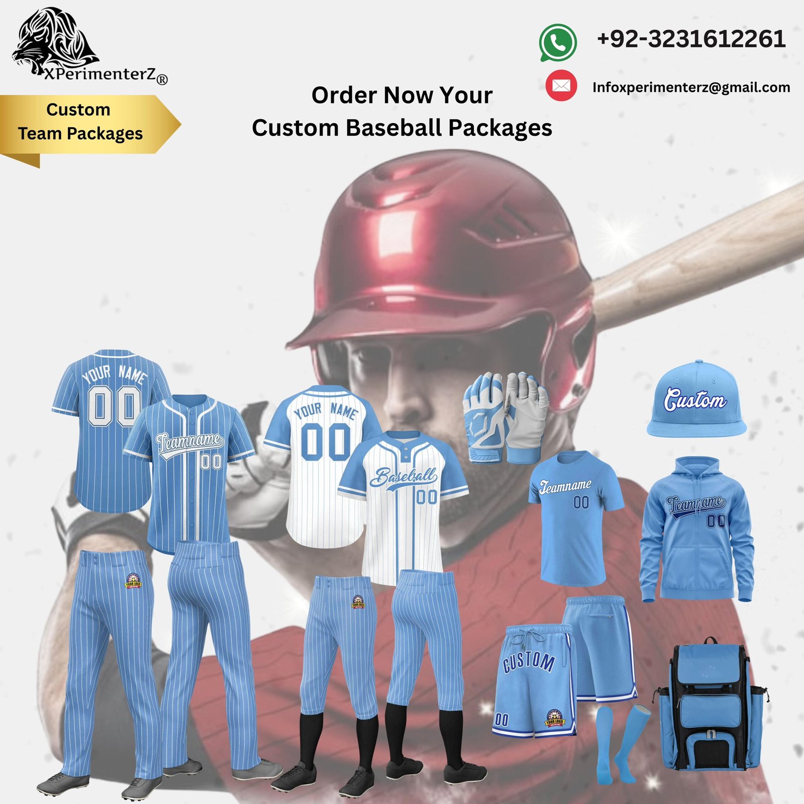Fully sublimated custom baseball uniform package with jerseys, pants, hoodies, gloves, and bag for youth and adult players