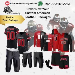 Custom American football uniform packages – fully sublimated jerseys, pants, hoodies, and shorts for teams